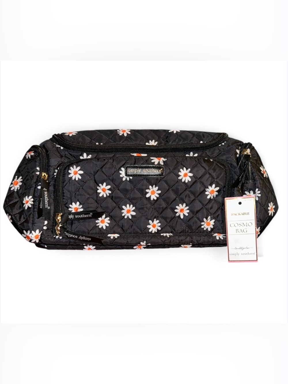 NWT Simply Southern Quilted Packable Cosmo Bag Black Daisy Floral Travel Makeup